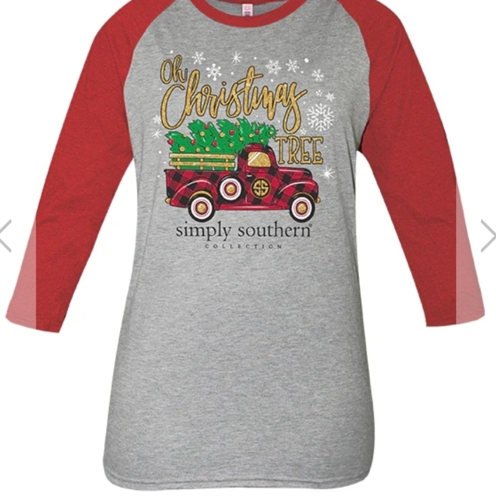 Simply Southern Kids Christmas Truck Shirt - Red and Gray, Size Medium